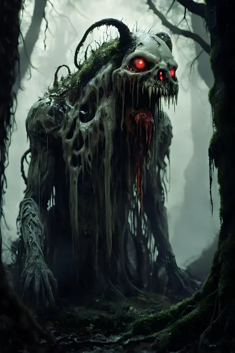 one of many different possible grotesque forest creatures resembling a giant slimy CheeseOnTopStyle ghost with eerie, glowing red eyes. The creature has a humanoid form, with skeletal hands and a gnarled, twisted body covered in moss and fungus and dripping with paint. The top of its head resembles a chostly spirit, with smaller CheeseOnTopStyle sprits sprouting from its body. The scene is set in a monolithic structure in a dense, foggy forest with towering trees and a green, mossy ground, giving a mysterious and eerie atmosphere. The creature looks both menacing and ancient, as if it is a guardian of the forest, photorealistic, amazing, intricate detail, extremely detailed, mushroom, fish, mechanical, water, flames, stranger things, animal, primal, screaming, blood, milk, magical energy, flowing skull, bones, cat, dog, mouse, bat, clouds, smoke, reptile, scales, fur
<lora:angryXL:0.7>
<lora:Bio-Luminescence:0.7>
<lora:CheeseOnTopStyleXL:0.7>
<lora:DreamARTSDXL:0.7>