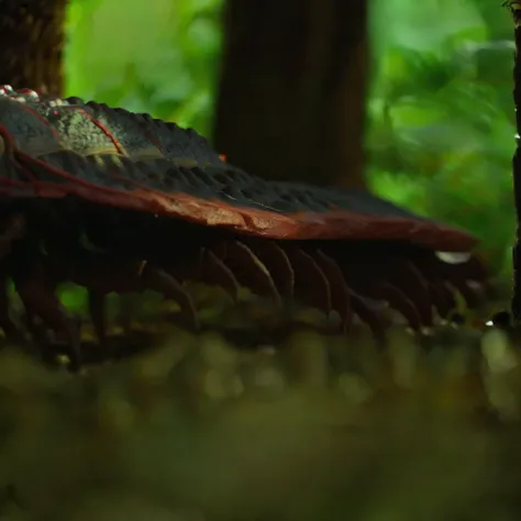 Prehistoric, giant millipede, arthropod, segmented, many-legged, elongated, dark-colored, scaly, forest floor, ferns, greenery, undergrowth, jungle, damp, humid, Carboniferous, ancient, predator, invertebrate, terrestrial, crawling, armored, camouflaged, primitive, tropical, leaf litter, shadowy, mossy, earthy, woodland