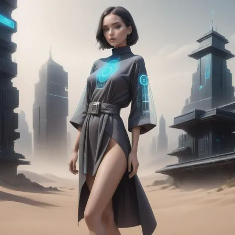 human, upper body clothing, Mock Neck, Suede, , Programmable Smart Nanomaterials, Three-Quarter Sleeves, High-Low Hemline, High Waist, Sash, , lower body clothing, Biomech Silk, Futuristic Hieroglyph Pattern,, Transparent OLED Screens, Tunic Length, High Waist, Cross-Back,