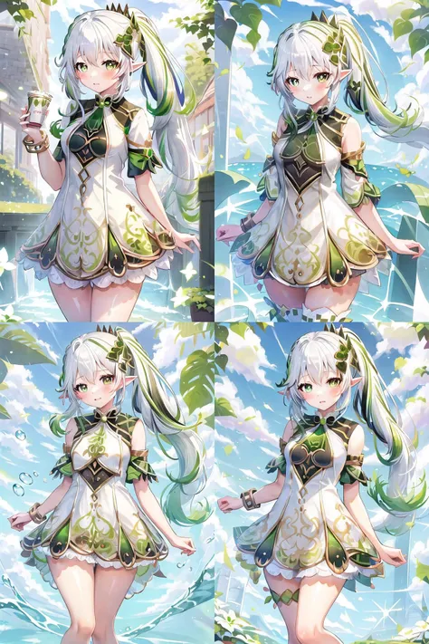 isometric, masterpiece, best quality, 1girl, nahida(genshin impact), solo, pointy ears, small breast, white hair, green hair, multicolored hair, happy, side ponytail, two ponytails, hair ornament, bang, bracelet, <lora:nahidaGenshinImpact_v10:0.8>, <lora:gachaSplashLORA_gachaSplash31:1>,