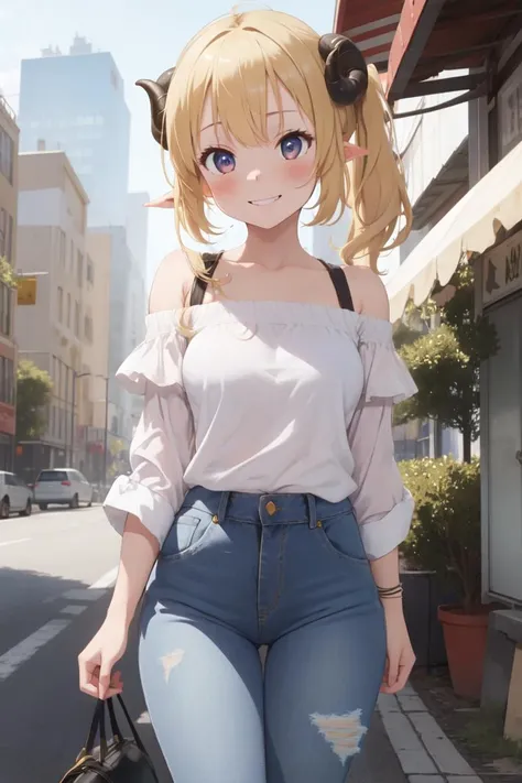 masterpiece, best quality, absurdres, perfect anatomy, 1girl, solo, Tsunomaki Watame, sheep girl, sheep horns, long hair, off-shoulder shirt, white shirt, denim jeans, torn jeans, outdoors, city, smile