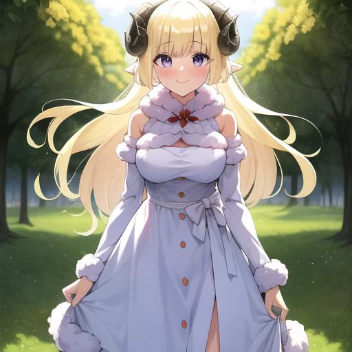 hll12d, masterpiece, best quality, anime, highly detailed eyes, highly detailed face, highly detailed background, perfect lighting, cowboy shot, 1 girl, solo, standing, walking, happy, smile, light blush, flower, field, flower field, tsunomaki watame, white dress, fur trim, horns, sheep horns, watame, watadress, blonde, purple eyes, <lora:tsunomaki watame:1>