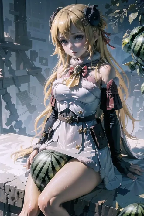 High Quality, Masterpiece, incrsbetweenthighs, (watermelon, between thighs:1.2), <lora:WatermelonBetweenThighs:0.9>, sitting, Tsunomaki Watame, long hair, WatameBase, fur-trimmed dress, white dress, bare shoulders, fur-trimmed sleeves, hairclip, cape, belt pouch, brooch, <lora:Char_VTuber_TsunomakiWatame:0.9>
