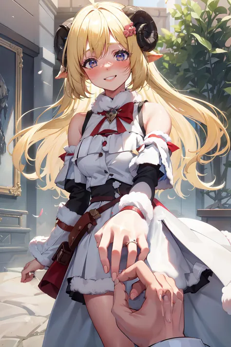 masterpiece, best quality, absurdres, Tsunomaki Watame, long hair, sheep ears, WatameBase, fur-trimmed dress, white dress, bare shoulders, fur-trimmed sleeves, hairclip, smile, blush, IncrsProp, wedding ring, <lora:Proposal:1.0>, <lora:CHAR-Tsunomaki Watamev.4.0:1.0>