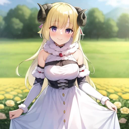 hll12d, masterpiece, best quality, anime, highly detailed eyes, highly detailed face, highly detailed background, perfect lighting, cowboy shot, 1 girl, solo, standing, walking, happy, smile, light blush, flower, field, flower field, tsunomaki watame, white dress, fur trim, horns, sheep horns, watame, watadress, blonde, purple eyes, <lora:tsunomaki watame:1>