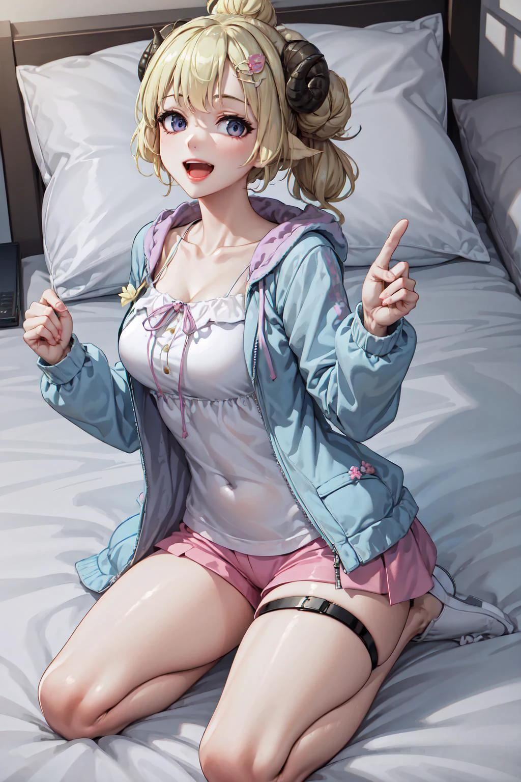 WatameSleep, hair bun, hairclip, blue jacket, camisole, pink shorts, thigh strap, <lora:Char_VTuber_TsunomakiWatame:0.9>, on bed, seiza, bed sheet, :D,