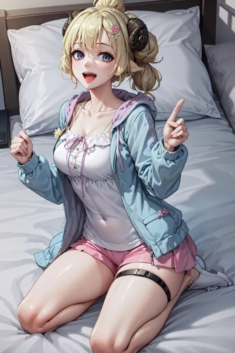 WatameSleep, hair bun, hairclip, blue jacket, camisole, pink shorts, thigh strap, <lora:Char_VTuber_TsunomakiWatame:0.9>, on bed, seiza, bed sheet, :D,