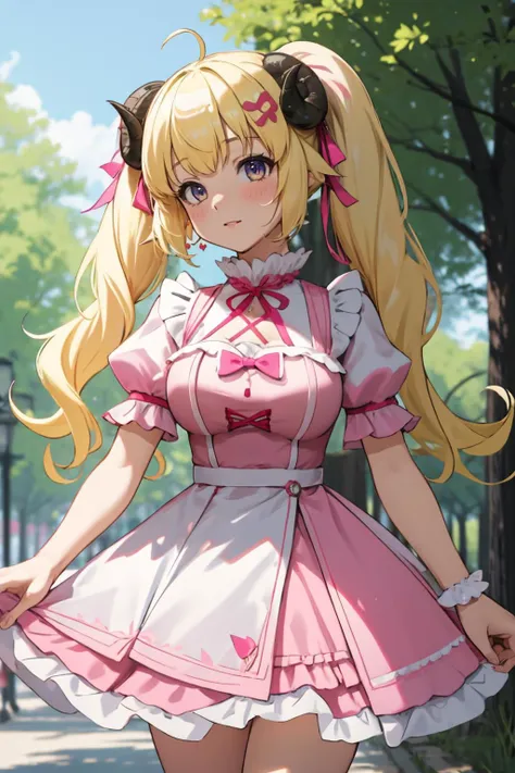 ultra detailed, sharp focus, best quality, masterpiece, colorful, <lora:CHAR-WatameV5:0.8> TsunomakiWatame, twintails, ahoge, pink dress, frilly dress, puffy sleeves, short sleeves, park background best quality, dynamic lighting, masterpiece, intricate details