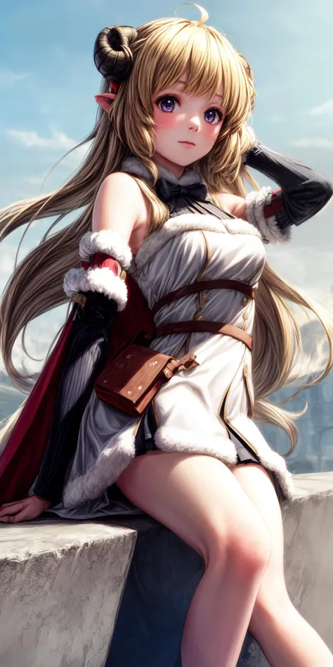 solo, 1girl, masterpiece, HD, 4K, best quality, <lora:more_details>, WatameBase, very long hair, ahoge, hairclip, fur-trimmed dress, bowtie, detached sleeves, pouch, cape, <lora:WatameV4:0.8>,