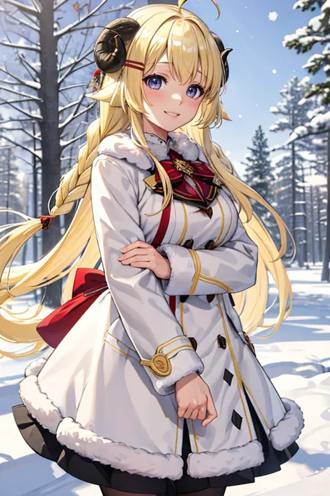 ultra detailed, sharp focus, best quality, masterpiece, colorful, <lora:CHAR-WatameV5:0.8> TsunomakiWatame, braids, blonde hair, long hair, white winter coat, fluffy, winter, smile, snow, sunny, pine trees, best quality, dynamic lighting, masterpiece, intricate details
