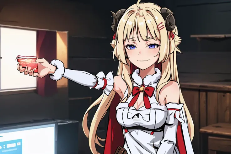 (masterpiece, best quality:1.2), upper body, solo, 1girl, WatameBase, smug, smirk, (frierenthrilled, holding:1.1), outstretched arm, very long hair, ahoge, hairclip, fur-trimmed dress, bowtie, detached sleeves, pouch, cape <lora:WatemeV5:0.8> <lora:concept_frierenthrilled-16:1>