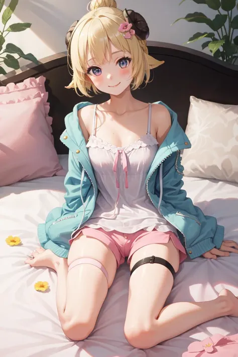 masterpiece, best quality, absurdres, 1girl, solo, Tsunomaki Watame, hair bun, WatameSleep, blue jacket, open jacket, camisole, hairclip, thigh strap, hair flower, short shorts, pink shorts, barefoot, indoors, bedroom, smile