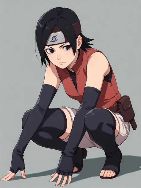 1girl, solo, squatting, sarada uchiha, short hair, black hair, black eyes, red dress, sleeveless, forehead protector, fingerless gloves, elbow gloves, white shorts, (thigh holster:0.75), black thighhighs, toeless footwear, 
BREAK
score_9, score_8_up, score_7_up, score_6_up, score_5_up, <lora:Sarada_Uchiha_XL_Pony_V2:0.9>