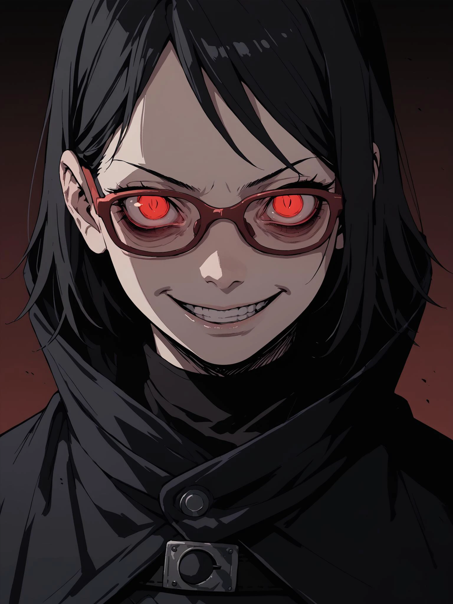 1girl, solo, sarada uchiha, black hair, short hair, red eyes, slit pupils, red-framed eyewear, bags under eyes, looking at viewer, evil smile, black cloak, black mantle, upper body, dark background,
BREAK
score_9, score_8_up, score_7_up, score_6_up, score_5_up, sinozick style, flat color, dark theme, <lora:Sarada_Uchiha_XL_Pony_V2:0.9> <lora:Sinozick_Style_XL_Pony:0.9>