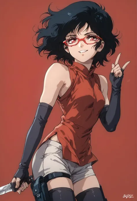 (score_9, score_8_up), score_7_up, zPDXL, Sarada Uchiha, solo, 1girl, black hair, short hair, red-framed eyewear, glasses, red eyes, red dress, sleeveless, elbow gloves, black gloves, fingerless gloves, white shorts, black thighhighs, thigh holster, cowboy shot, looking at viewer, holding knife, kunai, smug, red background <lora:Sarada_Uchiha_XL_Pony_V2:1>, <lora:AniZi_v5_xl:1> 1980s_\(style\)