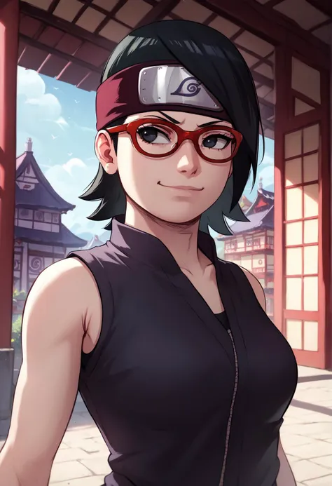 (score_9, score_8_up), score_7_up, zPDXL, naruto \(series\), naruto, Sarada Uchiha, solo, 1girl, black hair, short hair, red-framed eyewear, glasses, black eyes, forehead protector, konohagakure symbol, black shirt, smirk, medium breasts, village, east asian architecture, old village, looking away <lora:Sarada_Uchiha_XL_Pony_V2:1>, <lora:GreatM8_Style_XL_Pony_Revision:1.1>, greatm8 style