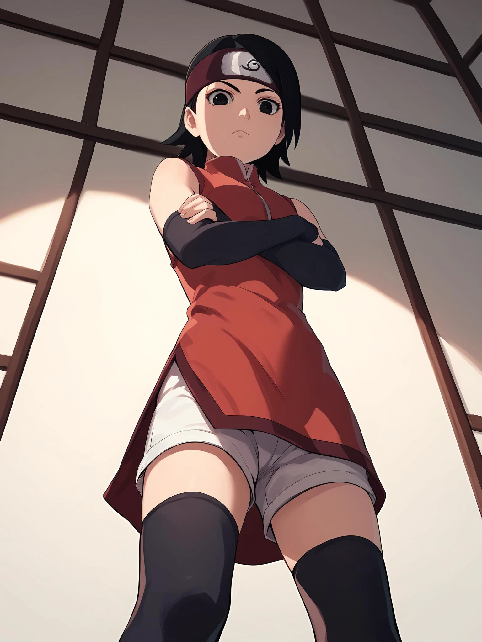 1girl, solo, sarada uchiha, short hair, black hair, black eyes, red dress, sleeveless, forehead protector, fingerless gloves, elbow gloves, white shorts, (thigh holster:0.65), black thighhighs, standing, crossed arms, looking at viewer, from below, pov,
BREAK
score_9, score_8_up, score_7_up, score_6_up, score_5_up, <lora:Sarada_Uchiha_XL_Pony_V2:0.9>