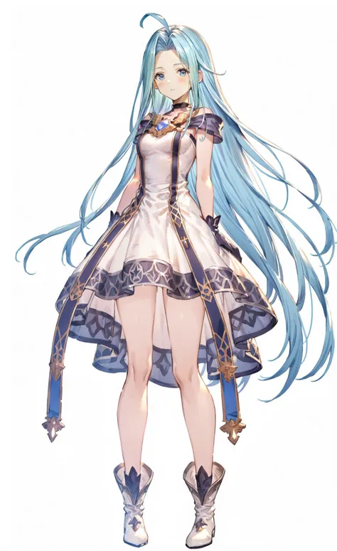 8k, best quality, masterpiece, (ultra-detailed), (high detailed skin), (white background:1.5),
(full body), (white background), standing, looking at viewer, (solo),
<lora:GBFV1-A3-Tanger-000013:0.75>,lyria (granblue fantasy ), lyria's 2nd clothes,  1girl, long hair, solo, dress, ahoge, blue eyes, full body, blue hair, very long hair, gloves, white dress,
full_shot,