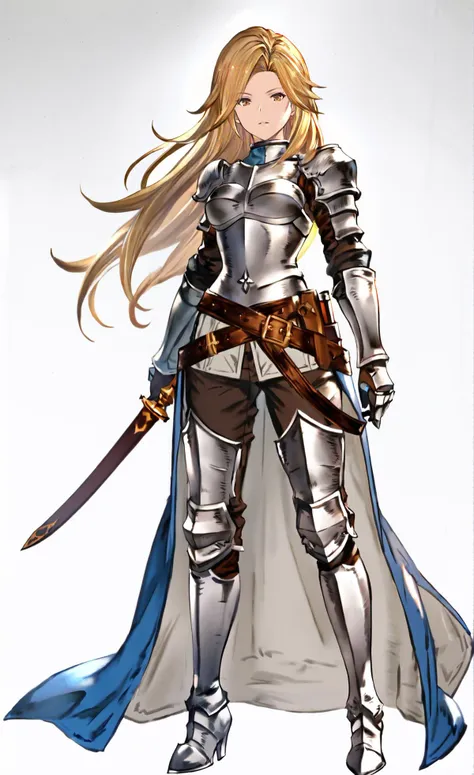 8k, best quality, masterpiece, (ultra-detailed), (high detailed skin), (white background:1.3), 
(full body), (white background), standing, looking at viewer, (solo), 
<lora:GBFV1-kohaku-Tanger:0.75>,katalina \(granblue fantasy\), katalina's def clothes, 1girl, armor, solo, weapon, long hair, blonde hair, sword, belt, sheath, breastplate,
full_shot,