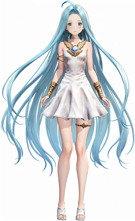 8k, best quality, masterpiece, (ultra-detailed), (high detailed skin), (white background:1.5),
(full body), (white background), standing, looking at viewer, (solo),
<lora:GBFV1-A3-Tanger-000013:0.75>,lyria (granblue fantasy), lyria's def-dress, Game's style, 1girl, long hair, dress, solo, blue eyes, very long hair, white dress, ahoge, thighlet, blue hair, 
full_shot,