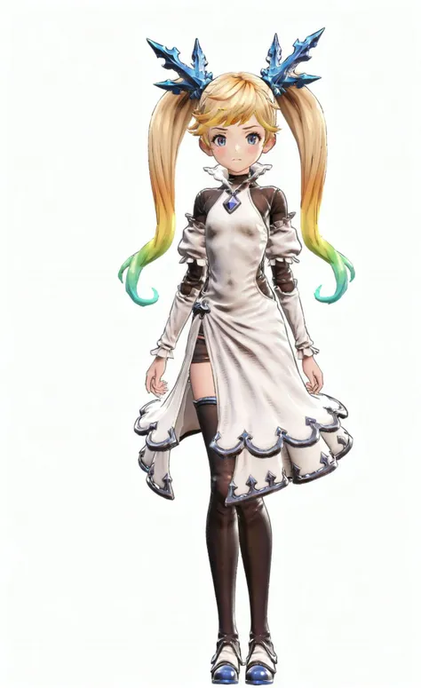 8k, best quality, masterpiece, (ultra-detailed), (high detailed skin), (white background:1.5),
(full body), (white background), standing, looking at viewer, (solo),
<lora:GBFV1-A3-Tanger-000013:0.75>,lo \(granblue fantasy\), lo's def clothes, Game's style, 1girl, solo, twintails, blonde hair, long hair, multicolored hair,
full_shot,