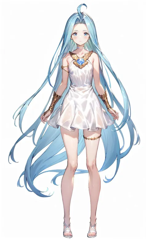 8k, best quality, masterpiece, (ultra-detailed), (high detailed skin), (white background:1.5),
(full body), (white background), standing, looking at viewer, (solo),
<lora:GBFV1-A3-Tanger-000013:0.75>,lyria (granblue fantasy), lyria's def-dress, 1girl, long hair, dress, solo, blue eyes, very long hair, white dress, ahoge, thighlet, blue hair, 
full_shot,