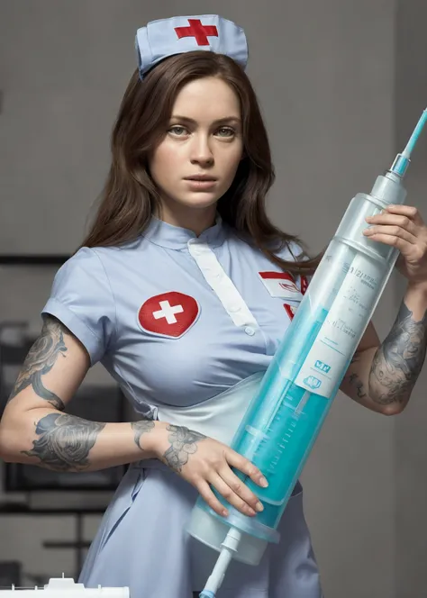 realistic, masterpiece,  <lyco:locon_sadie_v1_from_v1_64_32:1.1> sks woman,<lora:tttattoo_20230627140317:0.3> tttattoo,  <lora:tattoozfczfc_v1.3:0.35> (tattoozfczfc:1.35),  <lora:large syringe:0.50>(holding one gigantic large blue syringe:1.8),   <lora:P_nurse_v1.0:0.3> (blue P_nurse:1.5), (midriffs:1.2), (blue fingernail:1.1),  <lora:infirmary_v0.1:0.35> (infirmary:1.45), infirmary divider, (window:0.45) , (detailed hands:0.7),