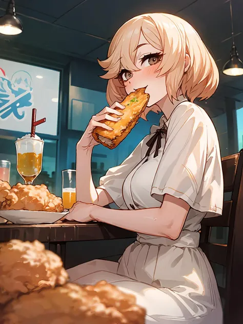 masterpiece,best quality,highres,dramatic angle,<lora:TaimaninWightV6:0.75>,1girl,restaurant,kfc,eating,looking at viewer,upper body,sitting across table,blush,happy,white dress,crowd,depth of field,fried chicken,drink
