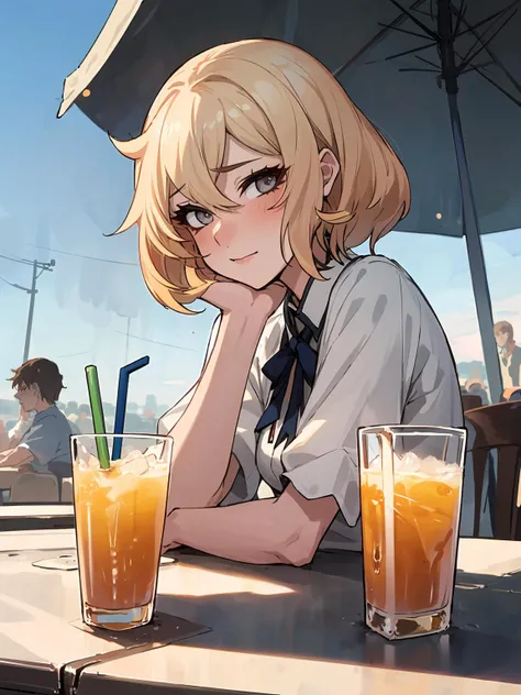 masterpiece,best quality,highres,dramatic angle,<lora:TaimaninWightV6:0.75>,1girl,blonde hair,grey eyes,sunshade,table,iced juice,drinking,blush,shy,looking at viewer,sitting across table,upper body,white dress,crowd