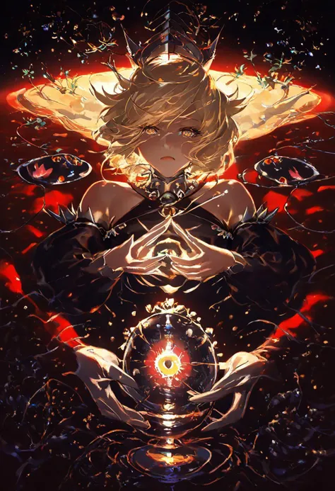 Expressiveh, hermit witch, Blonde hair, yellow eyes, crown. Alternative1 , yellow and black and red theme, spikes, halterneck, bare shoulders, detached sleeves, puffy sleeves, heart-shaped nipple ring, hands around a floating ball of light, focus on ball of light with a dragon inside, close-up, reaching hands towards camera, hands below a floaing orb of light,
((clean lines, source: anime, detailed fingers, high quality, best quality, masterpiece,dun composition, intricate, dense)), in well lit cave, tree roots, cauldron, witch tools, transparent cauldron, shiny green liquid, small fairy lanterns, witch tools, great lighting, floating shining stars, shining golden particles,
