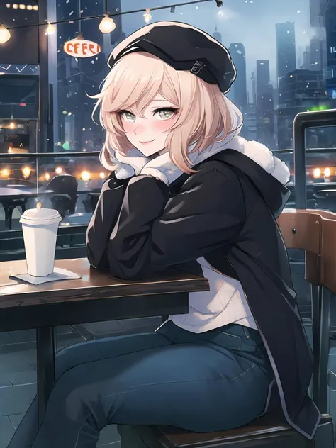 masterpiece,best quality,highres,cinematic lighting,dramatic angle,1girl,<lora:TaimaninWightV13:0.86:lbw=jiangshi3> ,blonde hair,yellow eyes,turning head,coat,sweater,jeans,scarf,thick cotton hat,steam,winter,cityscape,smile,from side,portrait,looking at viewer,depth of field,blush,breath,sitting,cafe,restaurant,coffee,starbucks,snow,snowflakes,shanghai