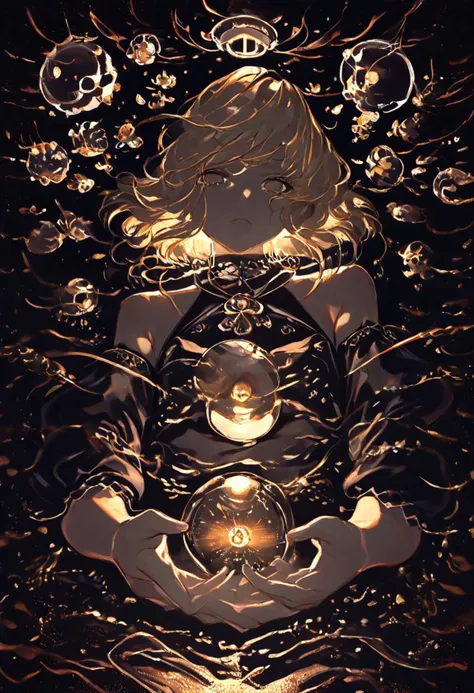 Expressiveh, hermit witch, Blonde hair, yellow eyes, crown. Alternative1 , yellow and black and red theme, spikes, halterneck, bare shoulders, detached sleeves, puffy sleeves, hands around a floating ball of light, focus on ball of light with a dragon inside, close-up, reaching hands towards camera, hands below a floaing orb of light,
((clean lines, source: anime, detailed fingers, high quality, best quality, masterpiece,dun composition, intricate, dense)), in well lit cave, tree roots, cauldron, witch tools, transparent cauldron, shiny green liquid, small fairy lanterns, witch tools, great lighting, floating shining stars, shining golden particles,