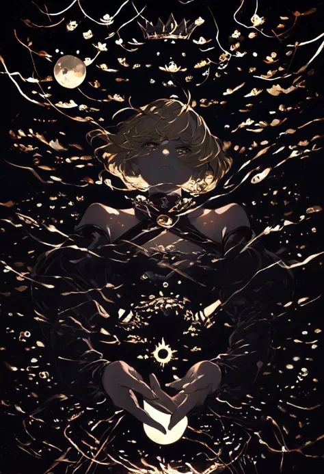 Expressiveh, hermit witch, Blonde hair, yellow eyes, crown. Alternative1 , yellow and black and red theme, spikes, halterneck, bare shoulders, detached sleeves, puffy sleeves, hands around a floating ball of light, focus on ball of light with a dragon inside, close-up, reaching hands towards camera, hands below a floaing orb of light,
((clean lines, source: anime, detailed fingers, high quality, best quality, masterpiece,dun composition, intricate, dense)), in well lit cave, tree roots, cauldron, witch tools, transparent cauldron, shiny green liquid, small fairy lanterns, witch tools, great lighting, floating shining stars, shining golden particles,