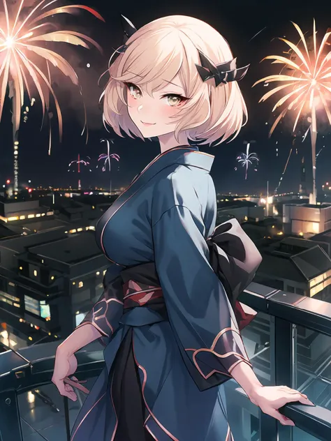 masterpiece,best quality,highres,cinematic lighting,dramatic angle,1girl,<lora:TaimaninWightV13:0.86:lbw=jiangshi3> ,blonde hair,yellow eyes,looking at viewer,pov,straight-on,smile,from side,cityscape,japanese clothes,looking at viewer,sash,depth of field,outline,fireworks,festival