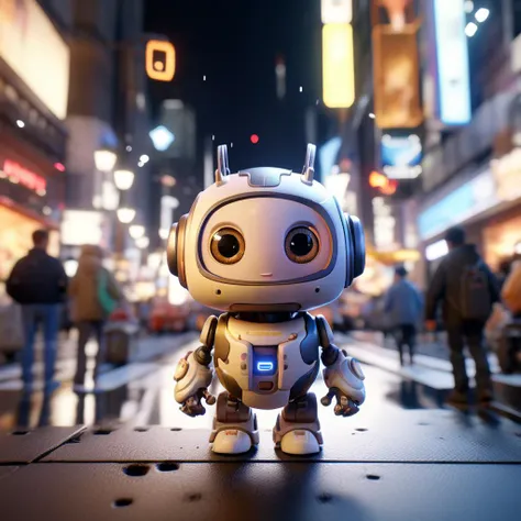 Unreal engine render of a cute tiny robo in a busy, crowded city at night, cute eyes, volumetric lighting