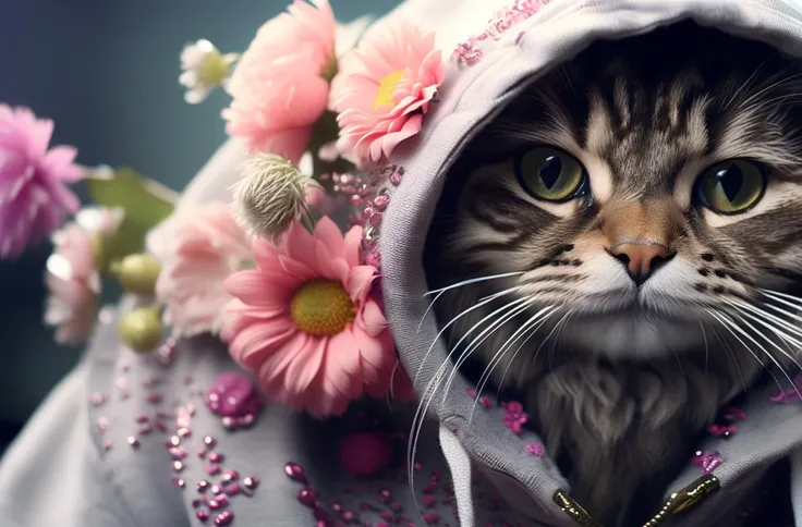 Cat wearing embellished hoodie with flowers, 4k