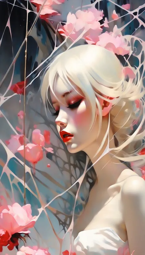 spiderwebs, skulls, wallpaper, there is ugliness in beauty, but there is also beauty in ugliness. desolate, abstract, surrealistic, cotton candy, swamp, funeral, futuristic,in the style of adrian ghenie, esao andrews, jenny saville, edward hopper, surrealism, dark art by james jean, takato yamamoto, inkpunk minimalism