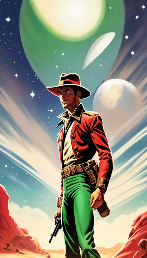 a cover for a comic book, a comic book cover about all space cowboy, 1 cowboy wearing a hat in the style of amazing stories, 1940s 1950s, red and green, comic art, realistic genre scenes, romanticized realism dynamic