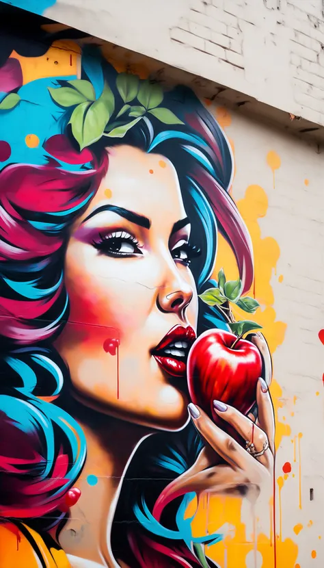 graffiti of a woman eating an apple in a wall, street art, vibrant, urban, detailed, tag, mural