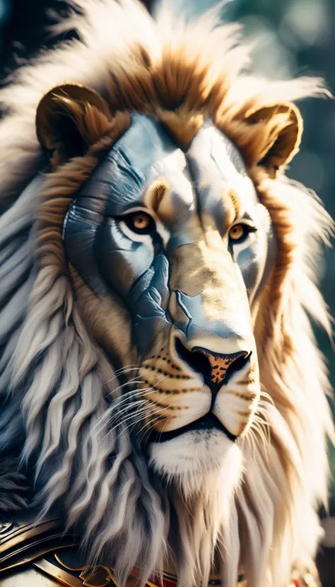 a lion in armor poses for a picture, cinematic close shot