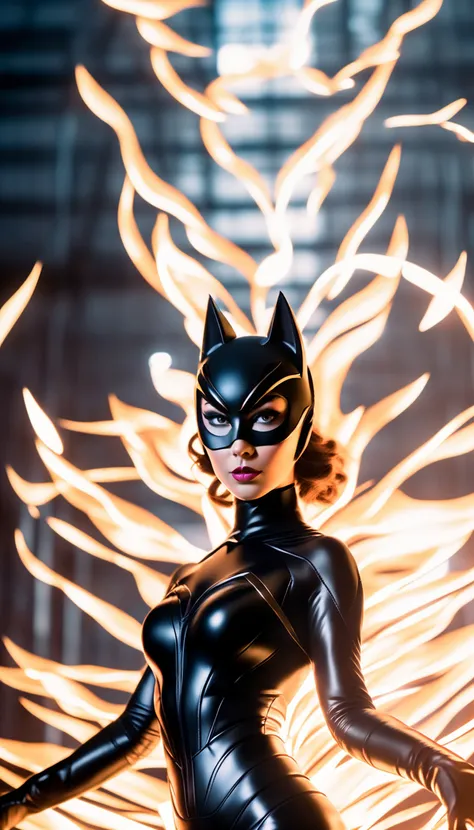 photography model shoot of a Catwoman wearing a catwoman mask angelic lighting, low angle, epic volumetric lighting, god ray, centered, full body, fire, sparkling eyes, caustics, character focus, perfect anatomy, realistic, photorealistic, flirting eyes, stare at the viewer