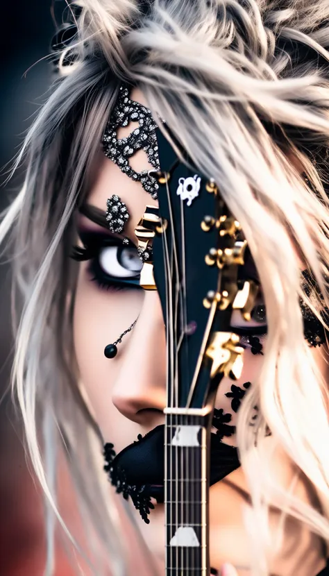 swedish metal rock girl holding a guitar, intense stare into camera, with gothic make-up, intricate details, highly detailed eyes, fancy hair and dark gothic dress, flash photo, on stage, intricate details