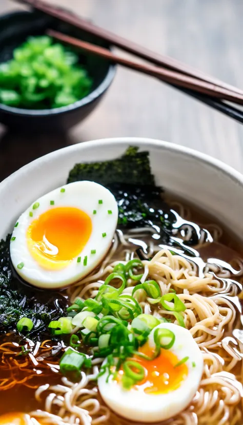 bowl of steaming hot ramen noodles, with a variety of toppings including sliced pork, boiled egg, green onions, and a sheet of nori (dried seaweed). The broth looks rich and flavorful, likely made from a combination of chicken, pork, and dashi.