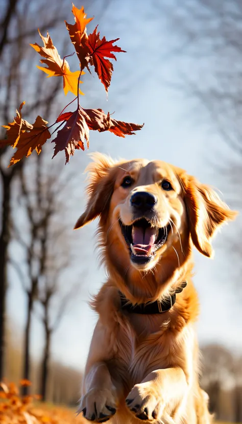 Golden retriever jumping to catch a stick