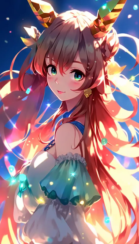 1girl, solo, back light, rainbow, aqua eyes, fake horns, red hair, long hair, crop top, jewelry, horns, veil, bracer, brooch, puffy long sleeves, skirt, bangs, low twintails, puffy sleeves, neck ring, gold trim, parted bangs, arm up, blue skirt, hair ornament, detached sleeves, floating hair, gem, hair flower, blue gemstone