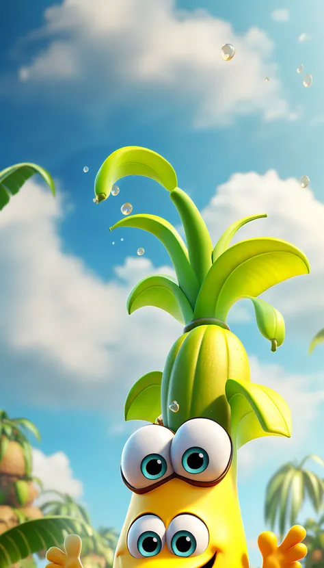 a happy cartoon banana fruit, Pixar Style, perfect composition, 8k artistic photography, photorealistic concept art, masterpiece