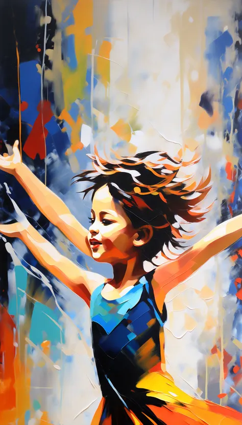 abstract expressionist painting of a dancing child. energetic brushwork, bold colors, abstract forms, expressive, emotional