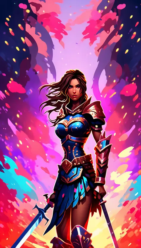 Pixel art of a fierce female warrior with a sword and shield in a fantasy setting, featuring vibrant colors, dynamic lighting, and a dramatic, epic mood