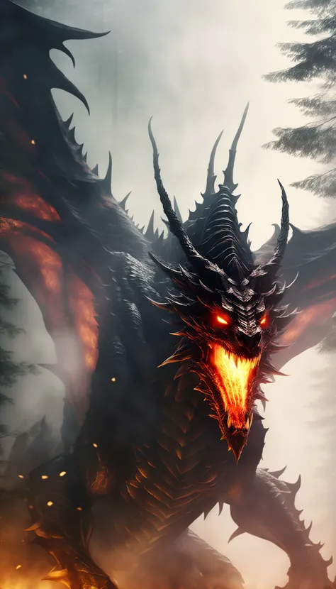 a giant monster hybrid of dragon and spider, in dark dense foggy forest, fire, no humans, open mouth, wings, dragon, sharp teeth, teeth, tail, solo, breathing fire, horns, monster, claws, smoke