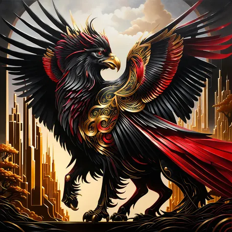 A hippogriff in black, red, gold and white, intricate detail, perfect composition, masterpiece, oil on canvas, intricate artwork masterpiece, ominous, matte painting movie poster, golden ratio <lora:xl_more_art-full_v1:0.4> 
 <lora:add-detail-xl:0.5> <lora:RMSDXL_Creative:0.8>  <lora:Picture_enhancer:0.5>